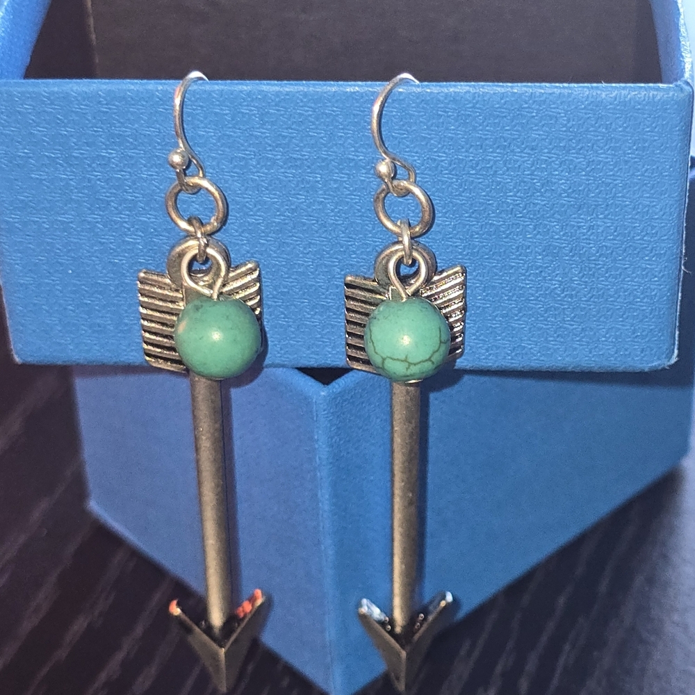 Sterling Silver Arrow And Turquoise Pearls 3" Dangle Drop Earrings